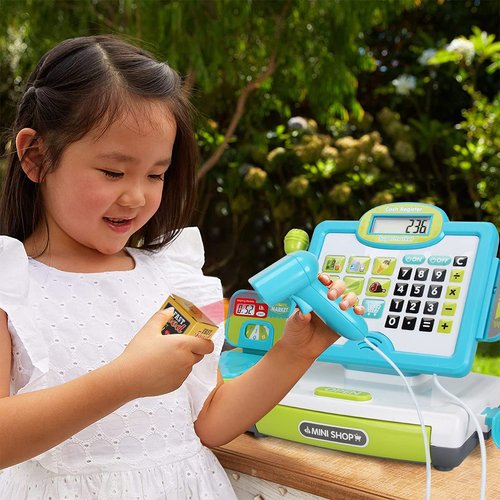 FS Pretend Play Calculator Cash Register Toy as Preschool Gift for Kids, Classic Count Toy with Sound, Microphone, Scanner, Pretend Credit Card, Play Food for Boys & Girls,45 Pieces, Ages 3 4 5 6 7