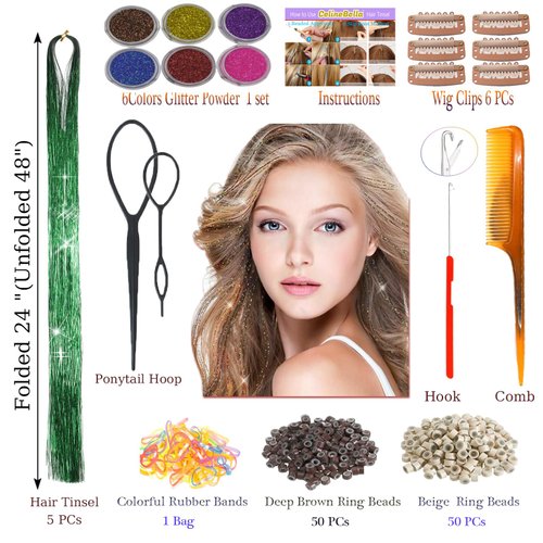 CelineBella Hair Tinsel Green Fairy Hair Extensions Kit Sparkling Shiny Highlights Glitter Tinsel Hair Extensions for Women Girls Children(48 Inch Pack of 5Pcs, Shining Green)