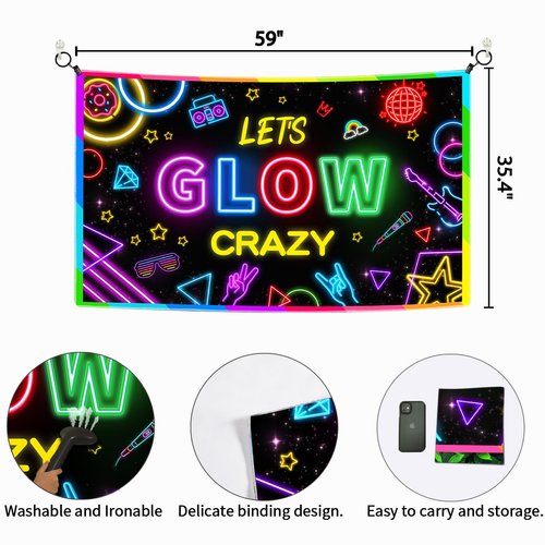 Ladvis Neon Let's Glow Crazy Backdrop, Glow Theme Birthday Background, Party Banner Decorations for Kids Boys Girls Sleppover Party Supplies Photography Photoshoot Props Fabric 59"x35.4"