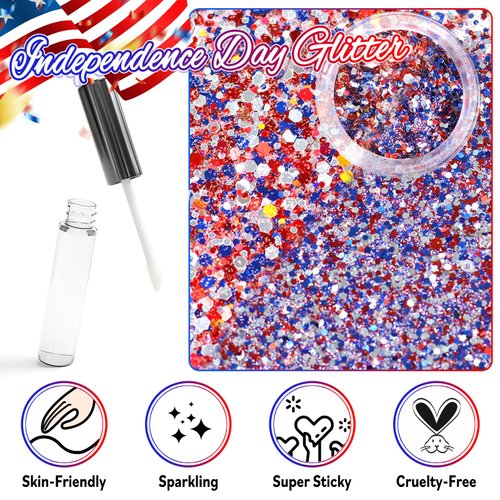 Laza Independence Day Body Glitter, 2 Jars Red Blue White Chunky Sequins with Glue Women Eyeshadow 4th of July Face Paint Festival Rave Outfit Hair Accessories Party Costumes – Independence Parade