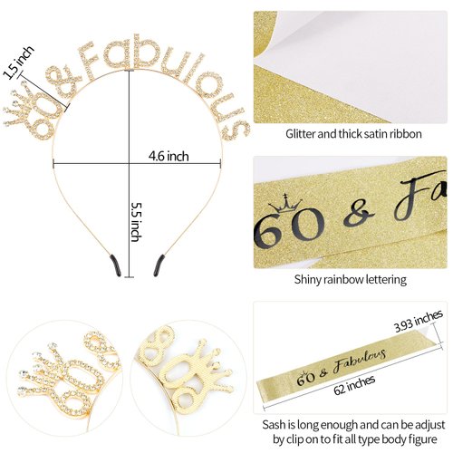 SuPoo 60th Birthday Sash and Crown Kit 60 and Fabulous Birthday Headband Tiara 60th Birthday Decorations for Women 60th Birthday Gifts for Her 60 Year Old Party Decorations