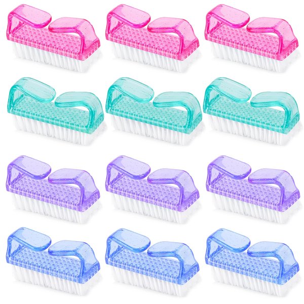12 Pcs Handle Grip Nail Brush, Fingernail Brush Cleaner Hand Scrub Cleaning Brushes for Toes, Nails, Men and Women（4 Colors）