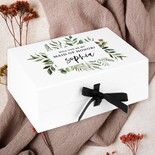 Andaz Press Custom Maid Of Honor Proposal Box - Gift Boxes with Lids Will You Be My Maid Of Honor Box, Proposal Gifts White Box w/Personalized Name Greenery Design, Ribbons, 10"x7"x 4", 1-Pack