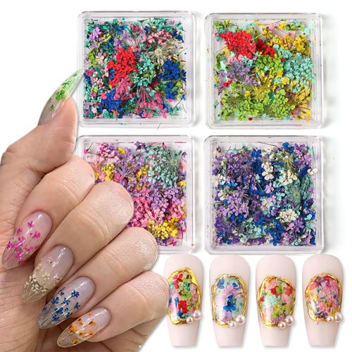 4Box 3D Dried Flowers Nail Art Stickers Natural Dry Flowers Nail Stickers Decals Mix Tiny Flower Petals Nail Stickers Crafts for Women Colorful Floral Dried Flowers Designs DIY Manicure Decorations
