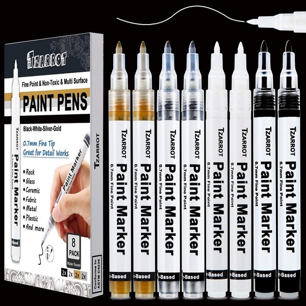 White Paint Pen, 8 Pack 0.7mm Acrylic Paint Pens with 2 White 2 Black 2 Gold 2 Silver Paint Pen Permanent Marker for Wood Rock Fabric Metal Plastic Ceramic Acrylic Paint Markers Extra Fine Tip