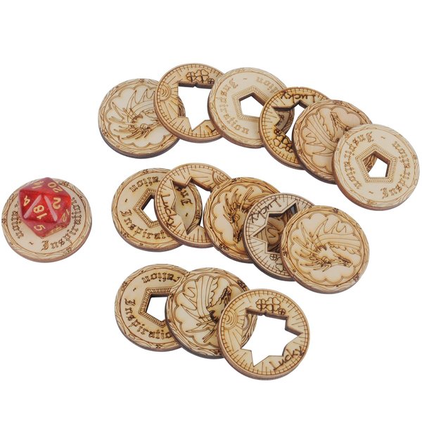 DND Tokens Laser Cut Wood Coins Set of 15 in 3 Styles - Lucky Clover, Inspiration and Dragon - Perfect for Dungeons & Dragons, Pathfinder, RPG and Board Game