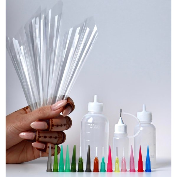 Jagua Henna Bottles Cones Set for Tattoo Body Paint, Multi Purpose Precision Applicator Kit. Heena Paste Bottle with Empty Pre-rolled Hand-rolled Cones Caps Needle Tips Sizes Beginners Mehendi