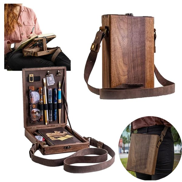 Writers Messenger Wood Box, Multifunctional Wooden Handmade Crossbody Postman Bag Portable Artist Tool Bag Painting Brush Tool Storage Sketch Box Easel for Outdoor Painting (Brown)…