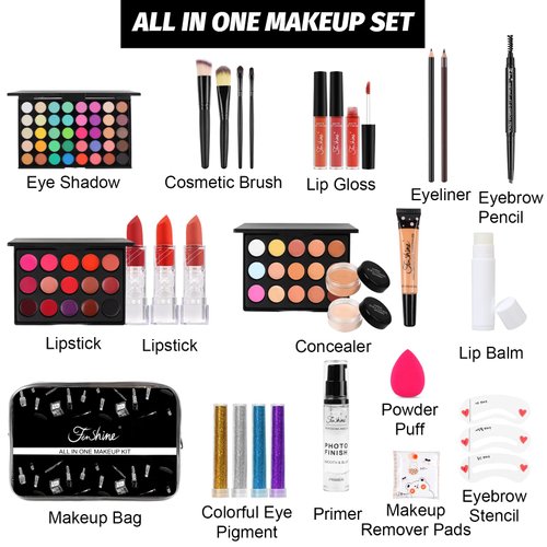 Fenshine All In One Makeup Kit, Makeup Kit for Women Full Kit, Makeup Gift Set for Women Beginners, Makeup Essential Starter Bundle Include Eyeshadow Palette Lipstick Eyebrow Pencil Brush Set (Type C)