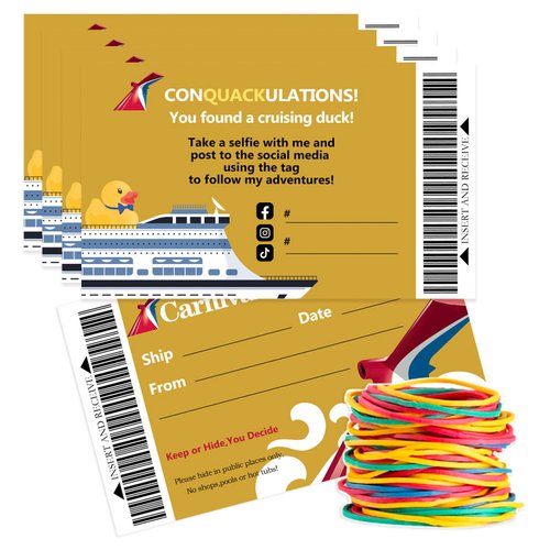 Cruising Duck Tags: Carnival Cruise Line Gold Sailing Card, Rubber Duck tag, 2x3.5" Business Card Size, with Hole and Rubber Bands(50pack)