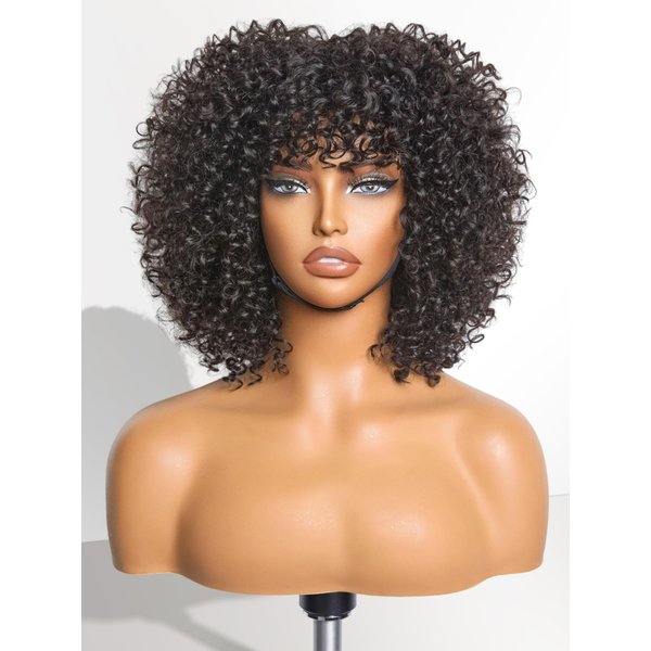 LUVME HAIR Short Curly Wig with Bangs Human Hair Glueless Shaggy Wolf Cut Afro Curly Human Hair Wigs Throw On & Go Black Curl Bob Wig with Bangs 10 Inch