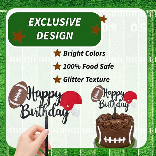 Moose Goods Happy Birthday Football Cake Topper - Easy to Use & Reusable Football Cupcake Toppers, Multi-Color Sports Cake Topper - Creative & Designed for Birthday Parties, Food Safe Plastic - Silver
