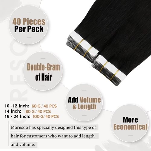 Moresoo Tape in Extensions Human Hair Black Hair Extensions Tape ins Natural Black Hair Tape in Human Hair Extensions 12 Inch #1B 40Pcs 60G