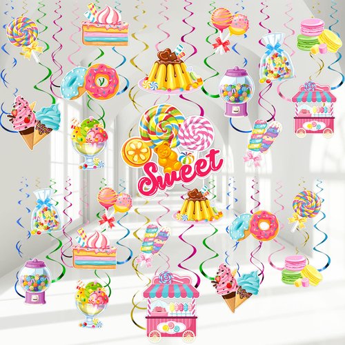 Crtiin 55 Pcs Sweet Candyland Party Decoration Sweet Party Paper Swirls Colorful Lollipop Donut Ice Cream Hanging Swirls for Kids Girls Sweet Shop Baby Shower Birthday Party Favors Supplies