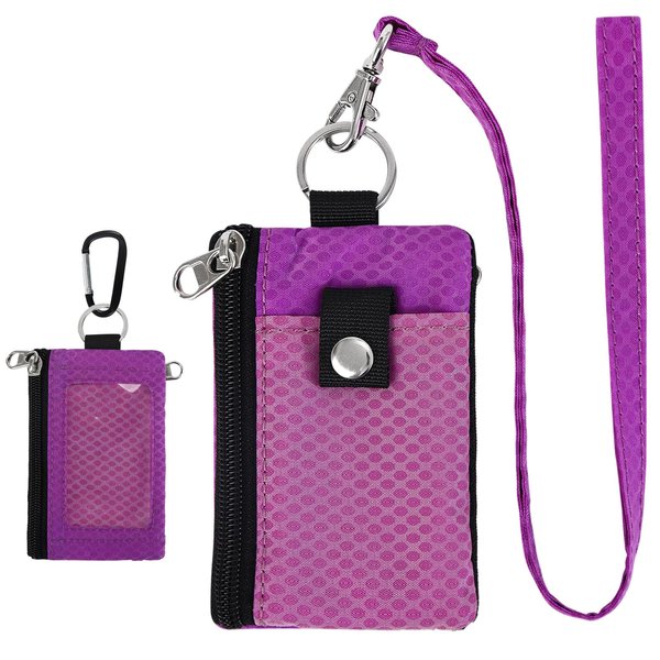 MASAPHlL Small Lanyard Wallet for Women/Men with RFID Blocking ID Badge Holder, Minimalist Nylon Zipper Pouch, Traval Neck Wallet with Keychain, ID Window for Card,Coin,Cash (Pink-Purple+Fuchsia)