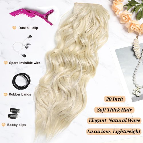 SilkStrands Invisible Wire Hair Extensions 20 Inch Secret Halo Hair Extensions with Adjustable 4 Clips Soft Transparent Lace Bleach Blonde Halo Hair Extensions Long Wavy Hair Extensions for Women