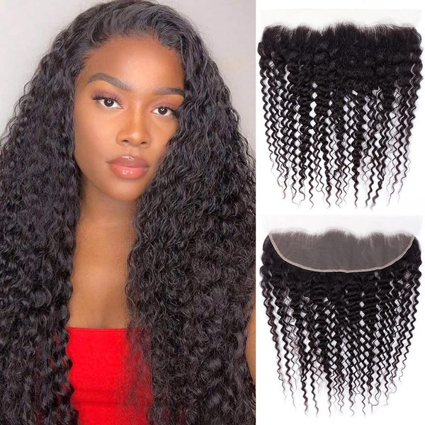 Lace Frontal Closure 13x4 Ear to Ear HD Lace Frontal Deep Wave Brazilian Virgin Human Hair Extensions Frontal Bleached Knots Pre Plucked With Baby Hair Natural Color 16 Inch