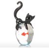 Too-arts Cat and Goldfish Sculpture Glass Ornament Cat Figurine Hand Blown Black & Red