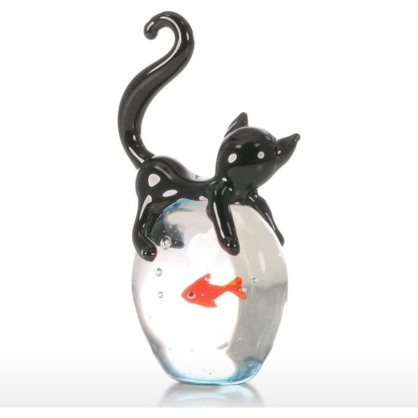 Too-arts Cat and Goldfish Sculpture Glass Ornament Cat Figurine Hand Blown Black & Red