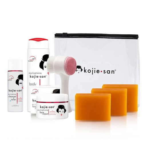 Kojie San Face & Body Complete Brightening Set - 3 x 100g Bars Soap, Body Lotion, Face Cream, Toner, and Face Cleansing Brush - 7pcs