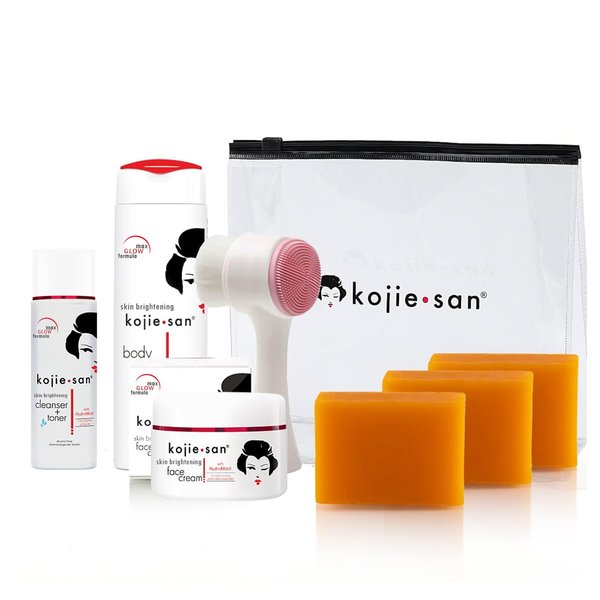 Kojie San Face & Body Complete Brightening Set - 3 x 100g Bars Soap, Body Lotion, Face Cream, Toner, and Face Cleansing Brush - 7pcs