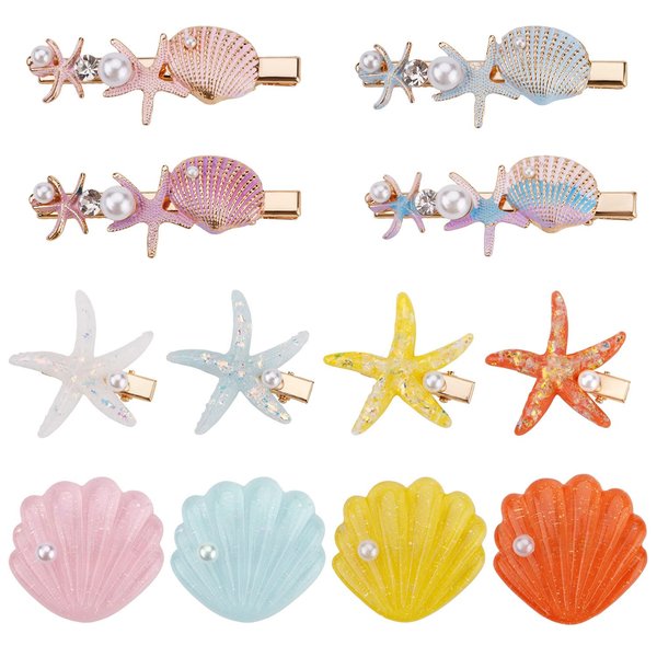 12pcs Starfish Hair Clip, Elegant Pearl Starfish Hair Clip Sea Starfish Hairpin Barrette Seashell Mermaid Hair Accessories for Women Girls (Starfish, Shell, Small Starfish Shell)