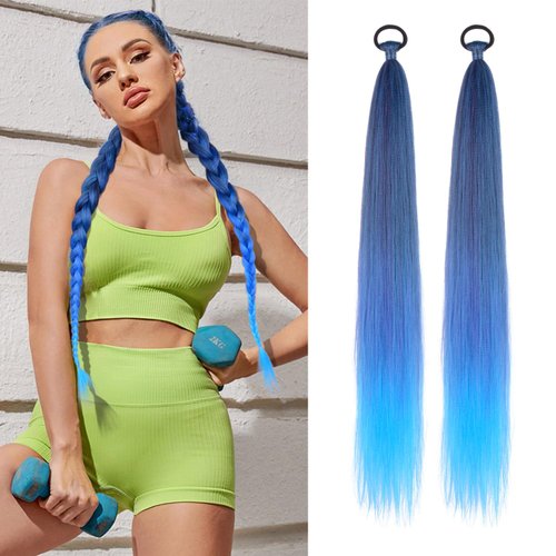 LyoRuSi Braid Ponytail Extension with Elastic Tie Straight Sleek Wrap Around Braid Hair Extensions Ponytail Natural Soft Synthetic Hairpiece Blue gradient 26 Inch(Black/Blue/Light Blue#)