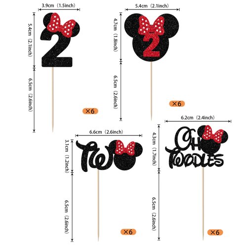 Rsstarxi 24 Pack 2nd Birthday Mouse Inspired Cupcake Toppers, Second Birthday Party Decorations Red Bow Two Oldes Mini Cupcake Picks for Baby Shower 2nd Birthday Party Cake Decorations