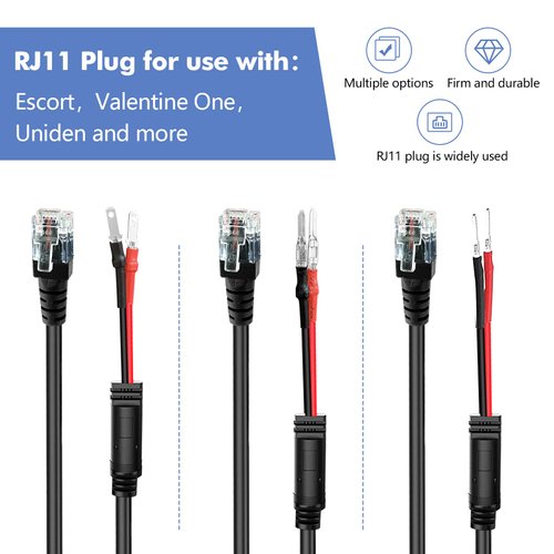 Radar Detector Hardwire Power Cord, Rearview Mirror Plug Cable, with Inline Fuse Holder,Suitable for Uniden Escort Beltronics Valentine One Cobra Whistler Radar Detector,3-Piece Set,16'' (RJ11)