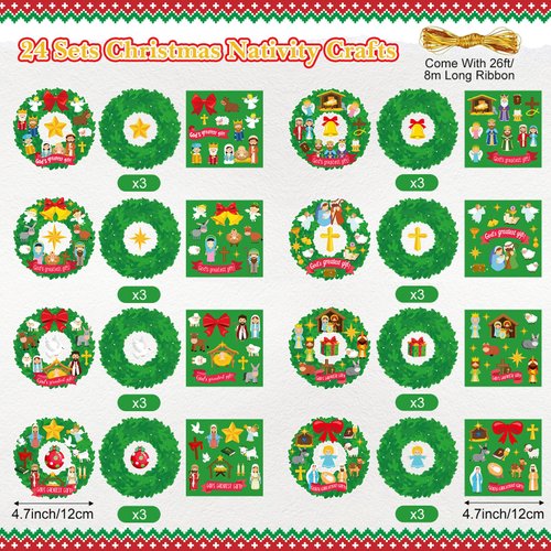 Pasimy 24 Sets Nativity Wreath Crafts Kits Religious Christmas DIY Crafts Nativity Scene Hanging Ornaments Holy Night Craft Stickers for Home Class Religious Xmas Holiday Party Game Activities Decor