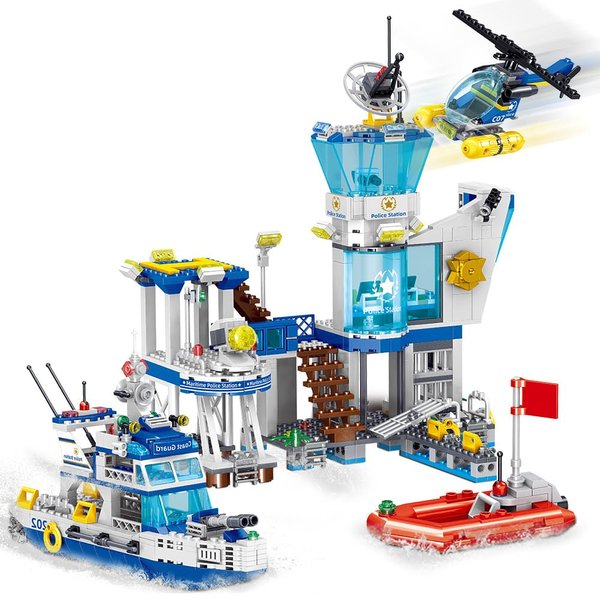 MindBox Police Station Building Blocks Set, 800pcs Building Toy with Ship,Boat & Helicopter for Boys 6+