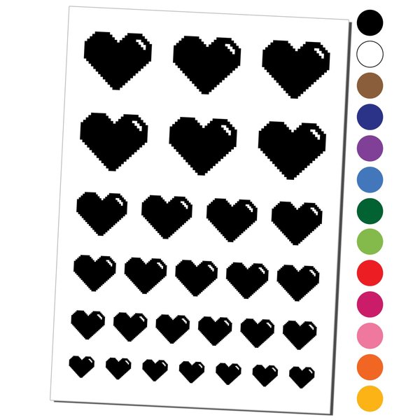 Pixel Digital Filled Heart Gaming Life Temporary Tattoo Water Resistant Fake Body Art Set Collection - Black (One Sheet)