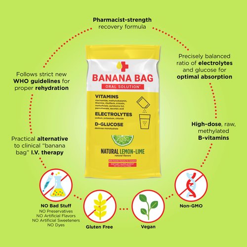 Banana Bag Oral Solution - Pharmacist Hydration Recovery Formula - Electrolyte & Vitamin Powder Packet Drink Mix - Natural Lemon Lime - Pack of 5