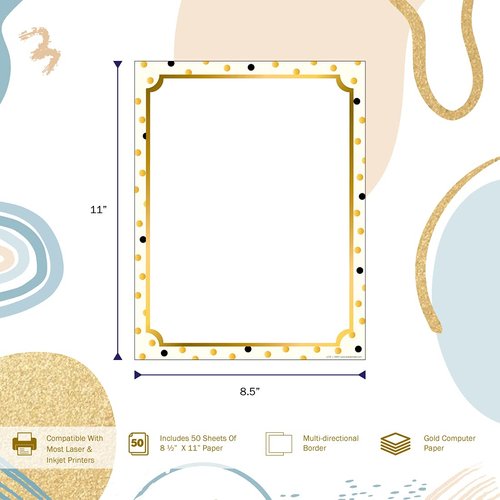 Barker Creek Designer Computer Paper, Gold, 8.5” x 11”, Decorative Printer Paper, Stationery, 50 Sheets per Pkg, Home, School and Office Supplies (741)
