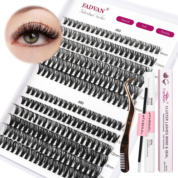 DIY Lash Extension Kit, 240Pcs Lash Clusters Velvet Thin Band Individual Lashes D Curl Eyelash Extension Kit With Lash Bond and Seal and Lash Applicator For Self Applicator at Home(30D/40D-D-9-16MM)