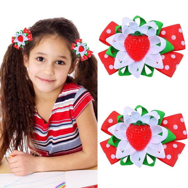 Strawberry Hair Bow Clips Back to School Hair Clips for Celebrate Cute Bow Hair Clip Ribbon Hair Barrettes Hair Bow Clip for Girls Women Teacher Toddler Kids Hair Accessories for Hair Styling 2PCS