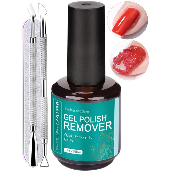 BesTby Gel Nail Polish Remover - Gel Polish Remover for Gel Nails Professional 2-5 Minute, with Cuticle Pusher and Scraper Nail File Tools, Easy and Quick Remove Gel Polish at-Home