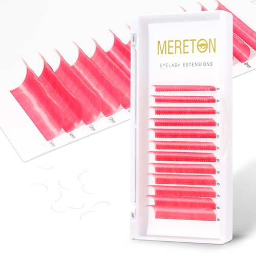 MERETON 12 Rows Colored Lash Extensions Pink 0.07mm D Curl 8-15mm Mixed Length Color Lashes Extension Individual Single Classic Eyelash Extensions