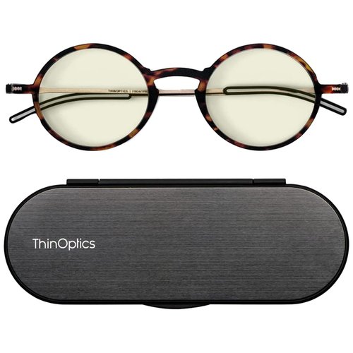 ThinOptics Manhattan Blue Light Blocking Glasses Reading, Round/Tortoise, 44 mm + 2