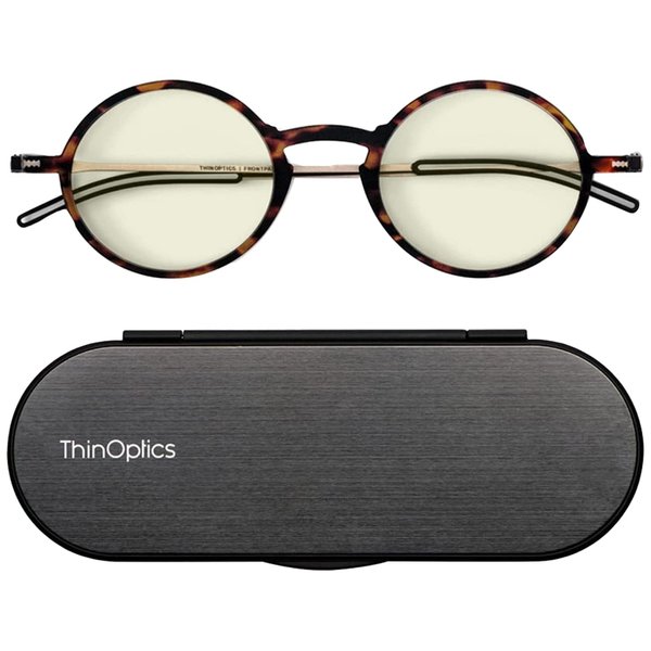 ThinOptics Manhattan Blue Light Blocking Glasses Reading, Round/Tortoise, 44 mm + 2