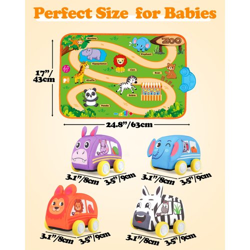 Helsort Baby Car Toys for 1 Year Old Boy with Musical Playmat, Animal Sounds and Pull Back Vehicles for Toddlers 1-3, Soft Baby Learning Toys 12-18 Months, 1st Birthday Gifts for One Year Olds