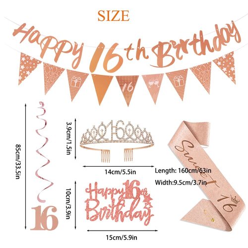 16th Birthday Decorations Kit for Girls Women,Including Happy Birthday Banner,Sash,Tiara Crown,Triangle Flag bunting,Hanging Swirls Streamer,Cake Topper,Sweet 16 Birthday Party Decorations for Girls