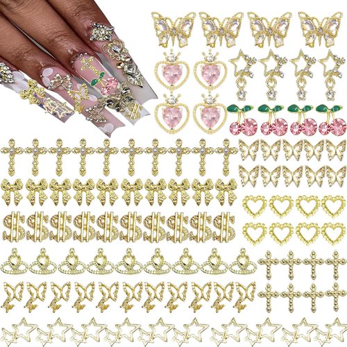 KACHIMOO 106 PCS Gold Nail Charms Gold Cross Nail Art Charms Gold Charms for Nails Cherry Nail Art Charms Pink Nail Gems and Charms Bows Nail 3D Star Charms Butterfly Nail Charms for Women