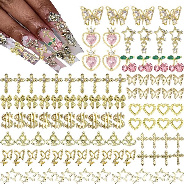 KACHIMOO 106 PCS Gold Nail Charms Gold Cross Nail Art Charms Gold Charms for Nails Cherry Nail Art Charms Pink Nail Gems and Charms Bows Nail 3D Star Charms Butterfly Nail Charms for Women