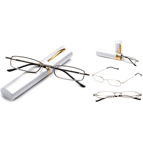 2 Packs - Pocket Readers Tube Reader in Case Silver Reading Glasses +3.00