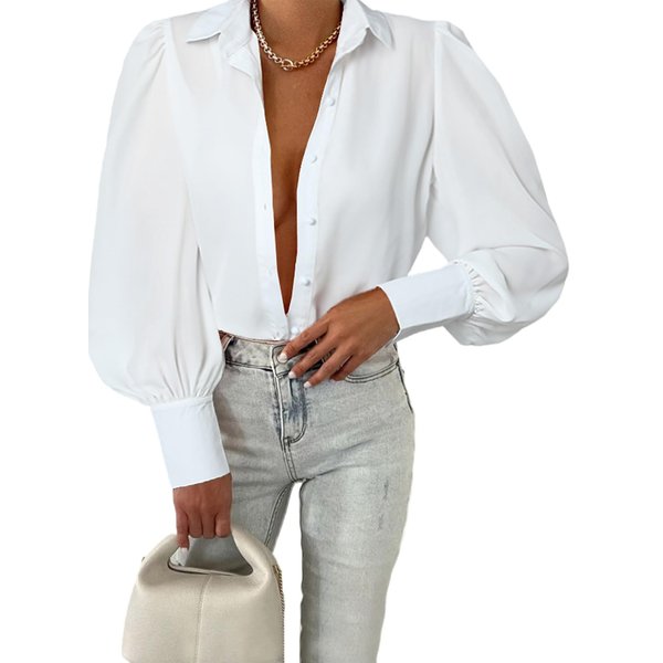 EVALESS Summer Tops for Women Long Sleeve Blouses for Women Dressy Casual Basic Western Shirt Sexy V Neck Tops Business Casual Outfits for Women Fashion Boho Clothes White Button Down Shirts, Medium