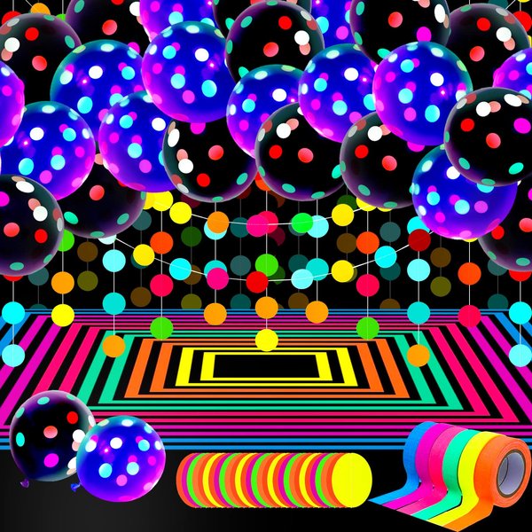 Glow in the Dark Party Supplies Glow Neon Party Supply Set, 98.4 ft 6 Rolls Blacklight Luminous Tape 14.4 ft Neon Streamer Garland 25 Pcs Fluorescent Balloon Decoration(Bright Big Dot)