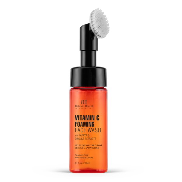 Botanic Hearth Vitamin C Foaming Face Wash with Papaya & Orange | Extracts Built-In Silicone Brush | Cleansing & Glowing Skin | Paraben & Sulphate Free | Face Cleanser for Women & Men | 5.1 fl oz