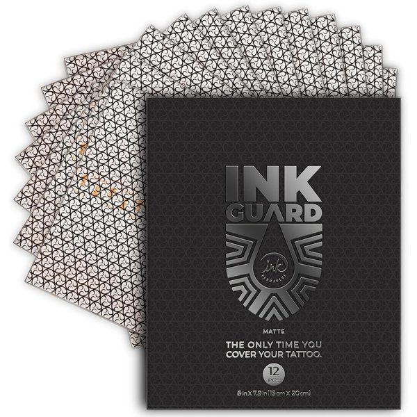 Ink Guard Matte Tattoo Aftercare Bandage Sheets [12 pack | 6" x 8"] Transparent Waterproof Cover Up Tape Roll Adhesive Bandage Tattoo Aftercare Protect and Heal Tattoos or Minor Skin Wounds
