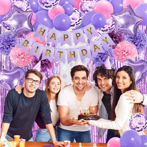 ZERODECO Pink Purple Birthday Party Decorations for Women Girls, Happy Birthday Banner Pompoms Balloon Arch Fringe Curtain Party Décor for Baby Girls Women Purple Pink Birthday Party